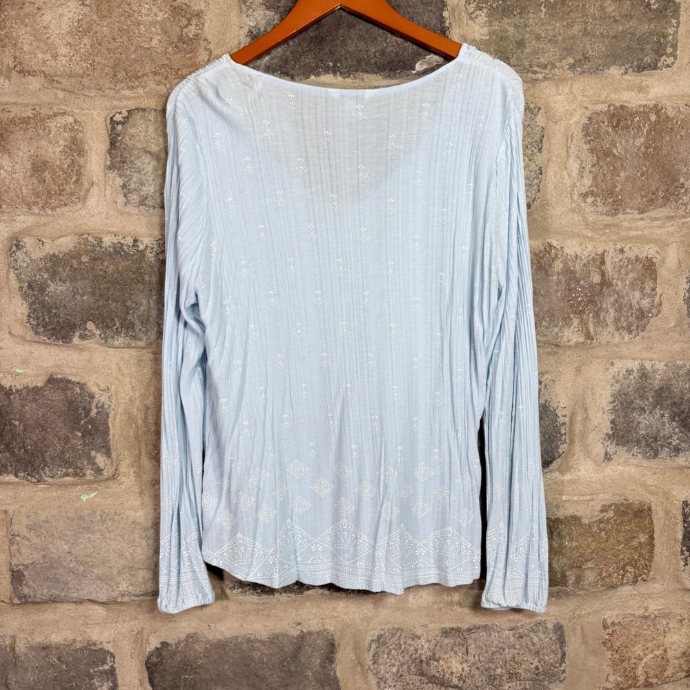 Lucky Brand Women's Blue Embroidered V-Neck Peasant Blouse Tassels Boho Large - Picture 3 of 12